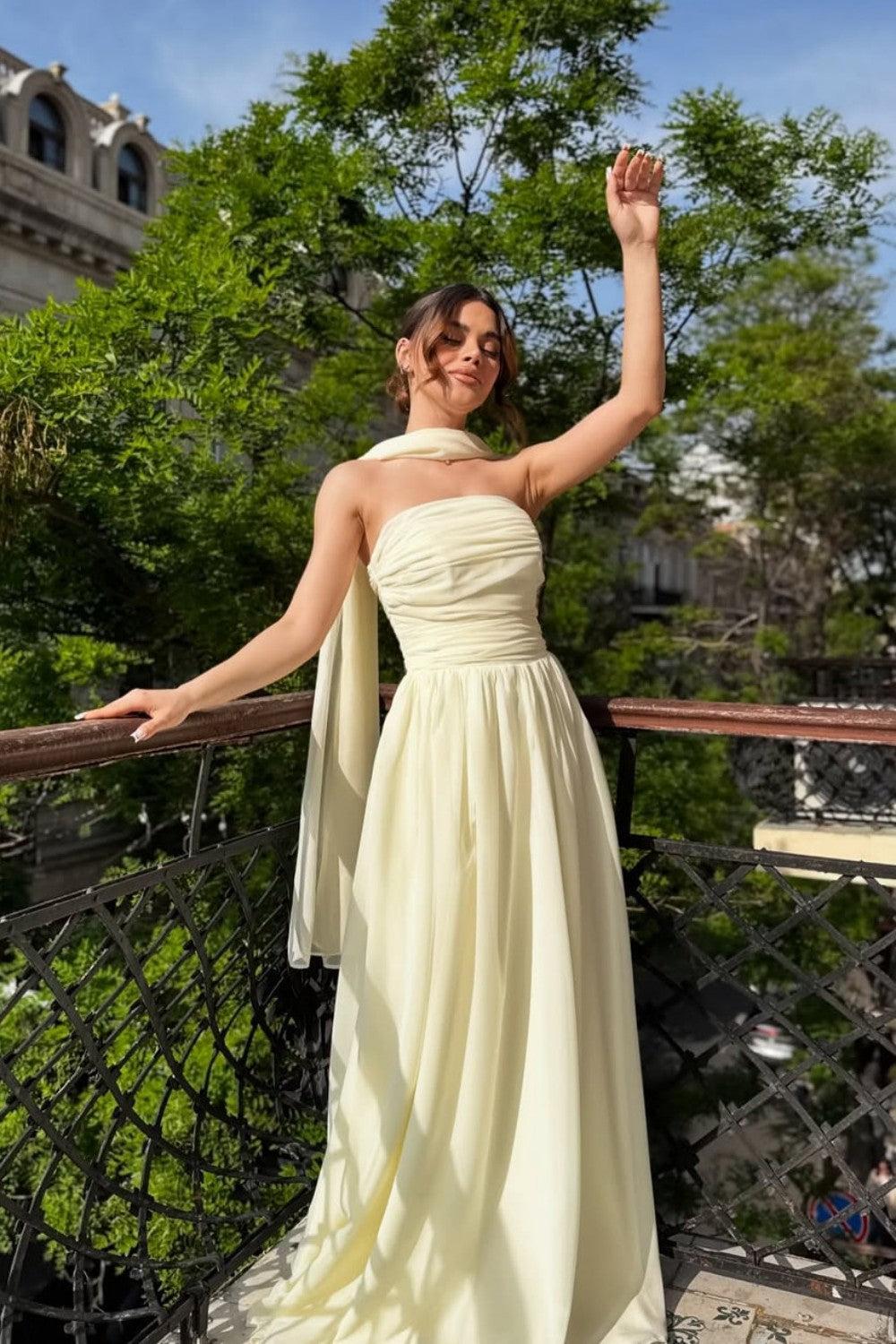 Elegant Strapless A-Line Chiffon Long Prom Dress With Scarf Detail Formal Evening Gown