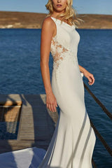 Elegant Trumpet Mermaid Cowl Neck Lace Elastic Satin Beach Wedding Dresses