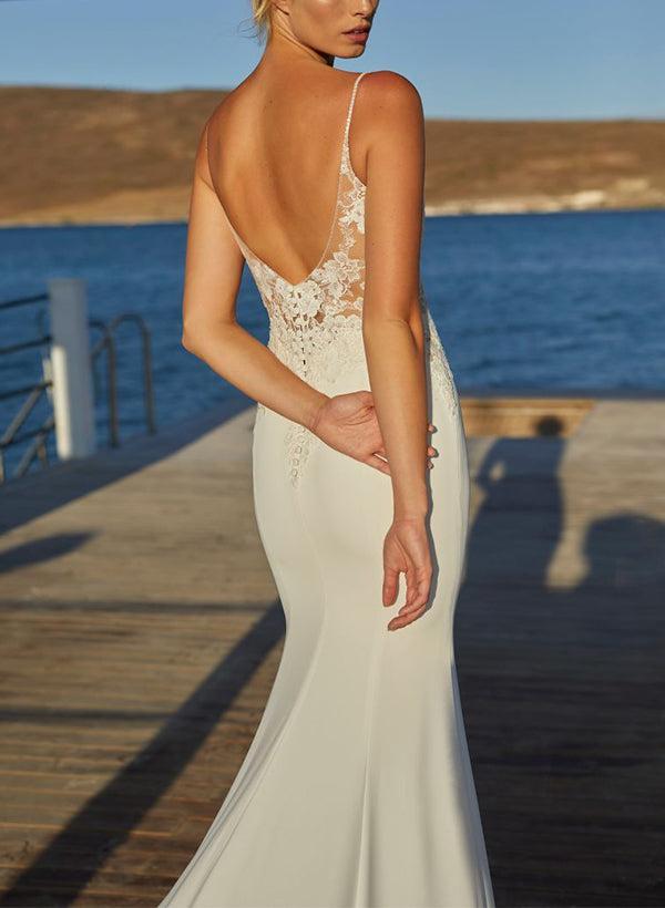 Elegant Trumpet Mermaid Cowl Neck Lace Elastic Satin Beach Wedding Dresses
