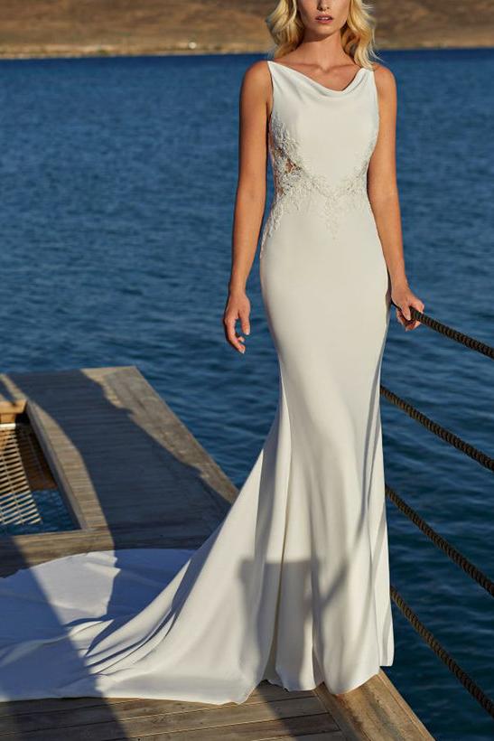 Elegant Trumpet Mermaid Cowl Neck Lace Elastic Satin Beach Wedding Dresses