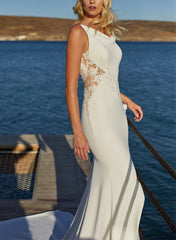 Elegant Trumpet Mermaid Cowl Neck Lace Elastic Satin Wedding Dresses