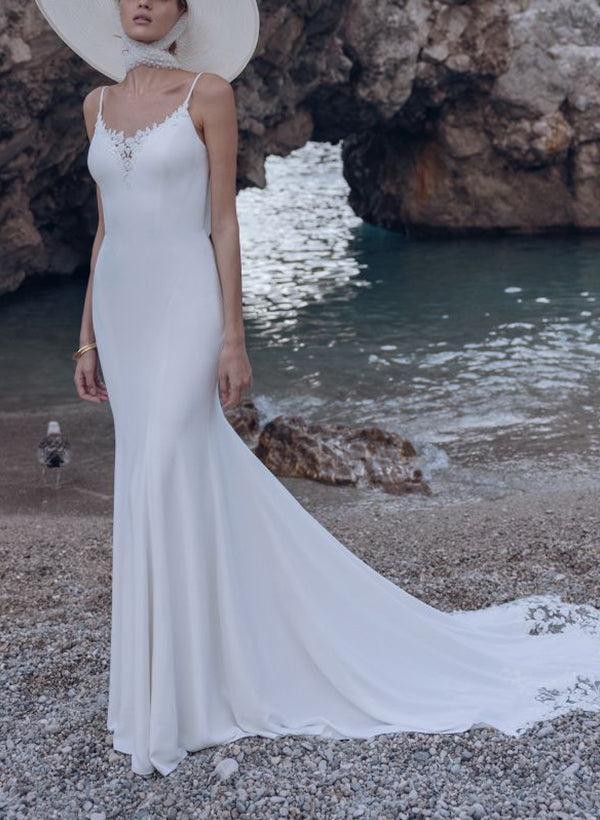 Elegant Trumpet Mermaid V-Neck Jersey Beach Wedding Dresses With Appliques Lace