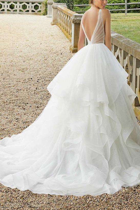 Elegant Tulle Cascading Ruffles V-neck Wedding Dresses