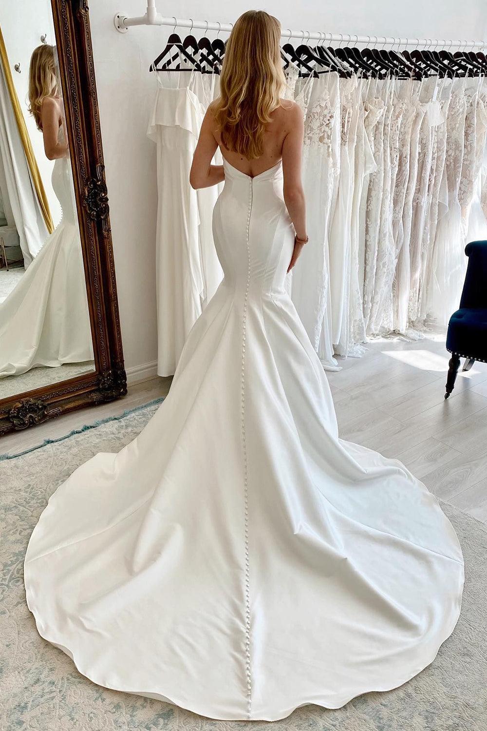 Elegant White Strapless Satin Long Mermaid Beach Wedding Dress