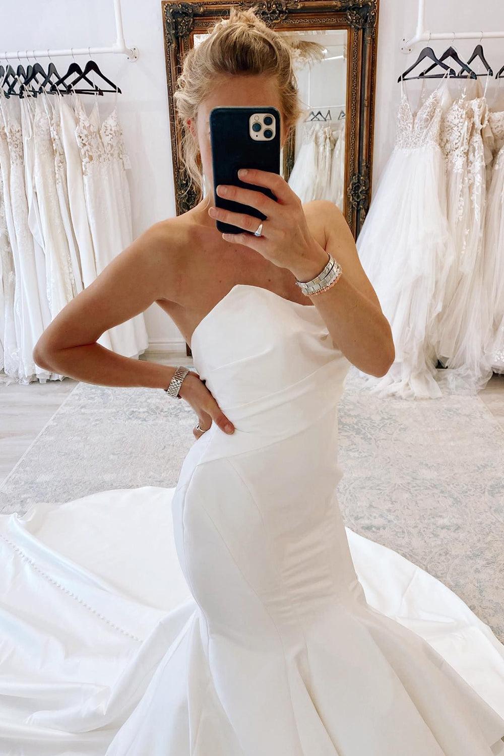 Elegant White Strapless Satin Long Mermaid Beach Wedding Dress