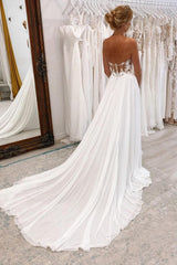 Elegant White Sweetheart Long Lace Boho Beach Wedding Dress with Slit