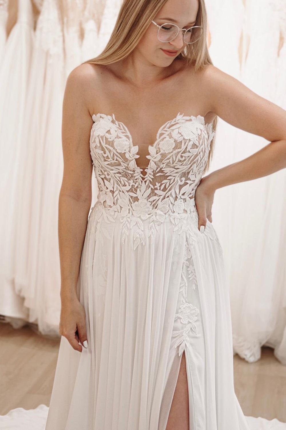 Elegant White Sweetheart Long Lace Boho Beach Wedding Dress with Slit