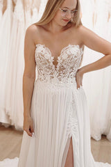 Elegant White Sweetheart Long Lace Boho Beach Wedding Dress with Slit
