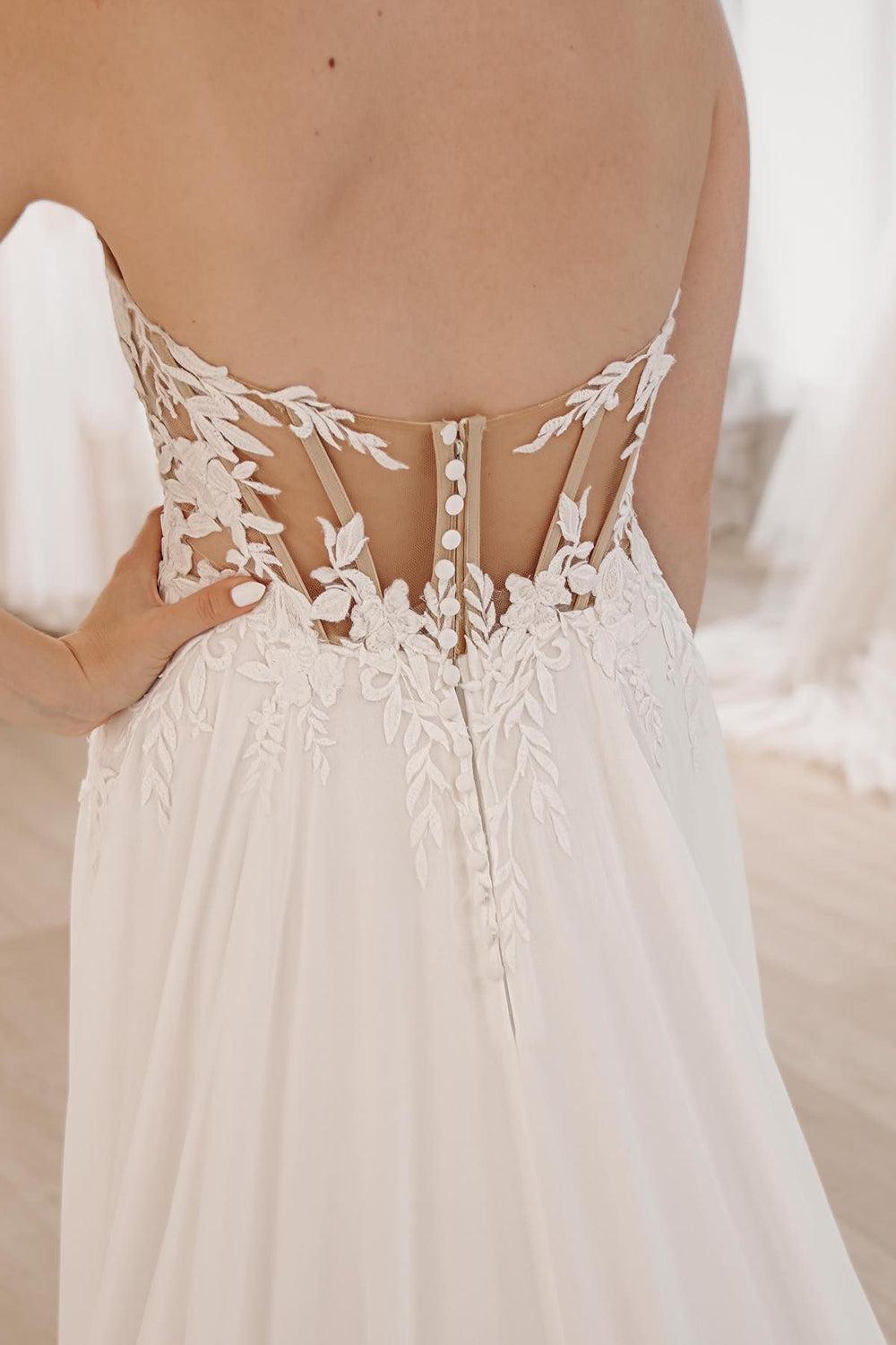 Elegant White Sweetheart Long Lace Boho Beach Wedding Dress with Slit