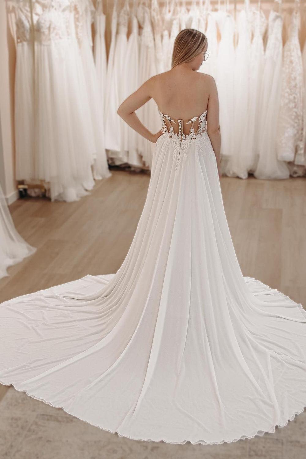 Elegant White Sweetheart Long Lace Boho Beach Wedding Dress with Slit