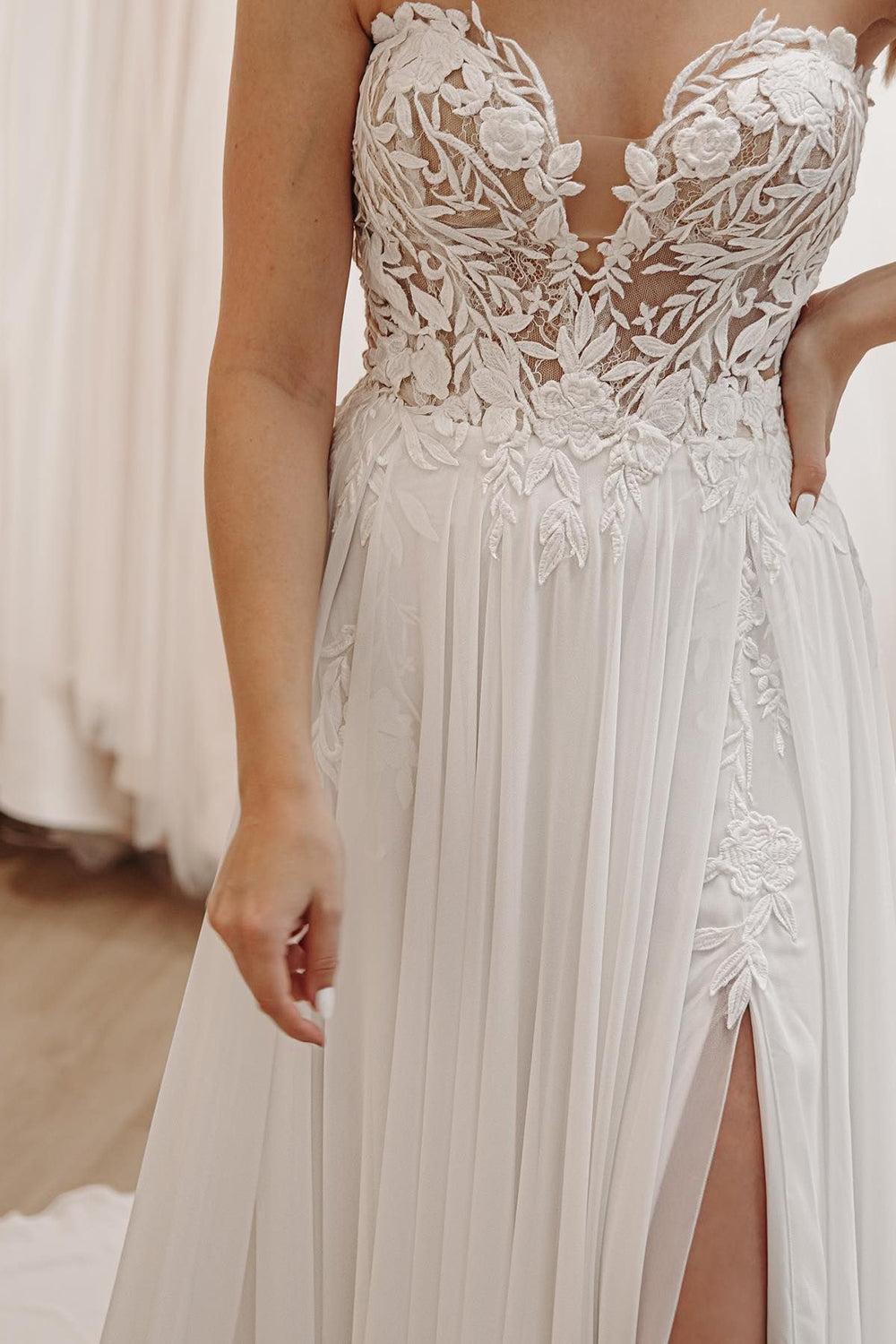 Elegant White Sweetheart Long Lace Boho Beach Wedding Dress with Slit