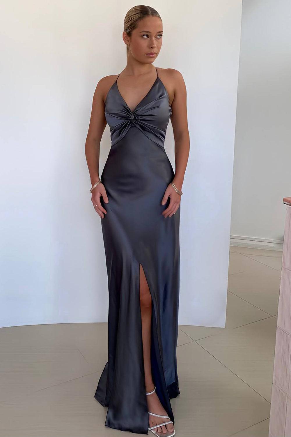 Dreamyannie Elegant Yellow V-Neck Back Satin Gown With Front Twist Formal Evening Gown