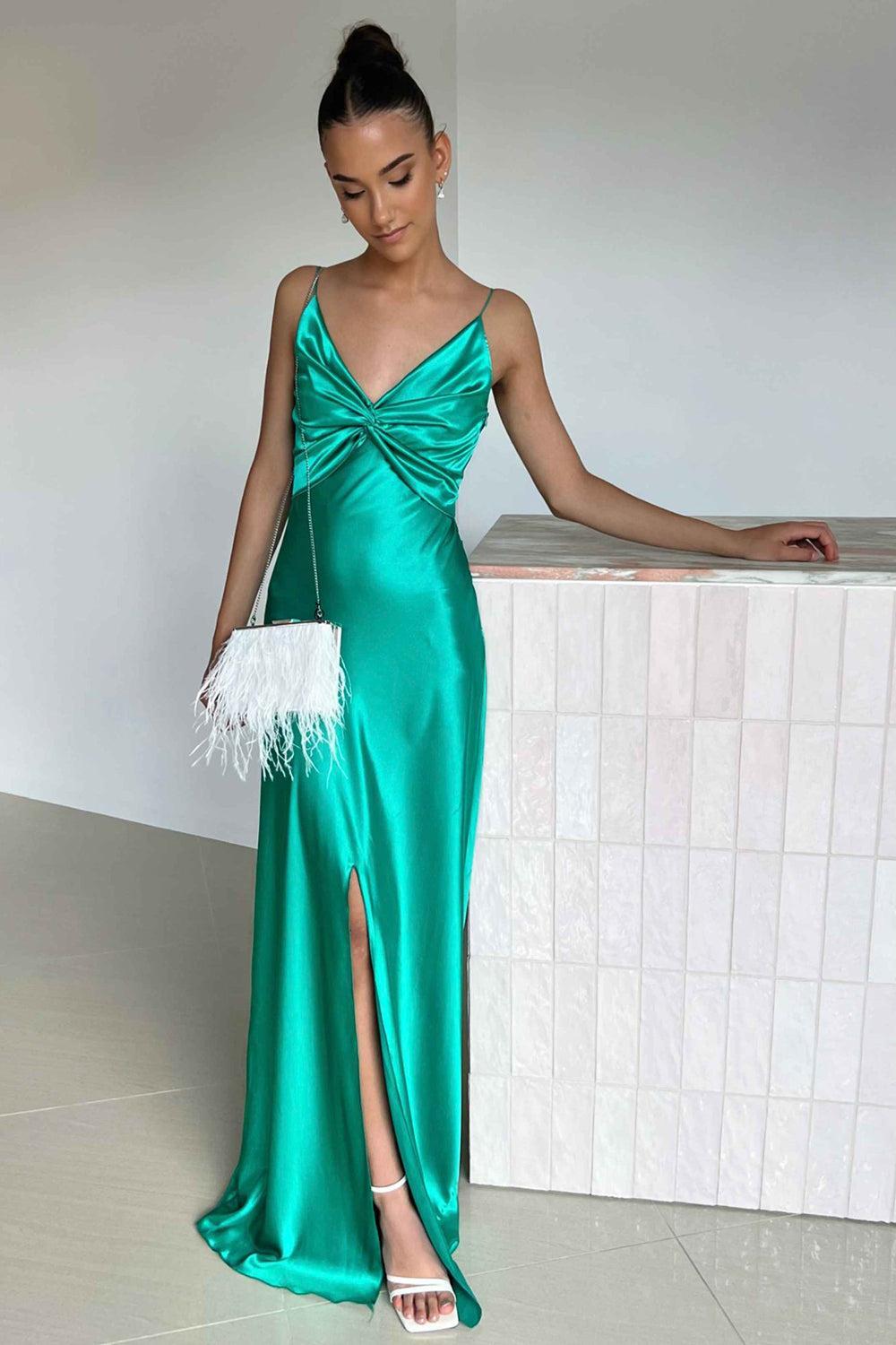 Dreamyannie Elegant Yellow V-Neck Back Satin Gown With Front Twist Formal Evening Gown