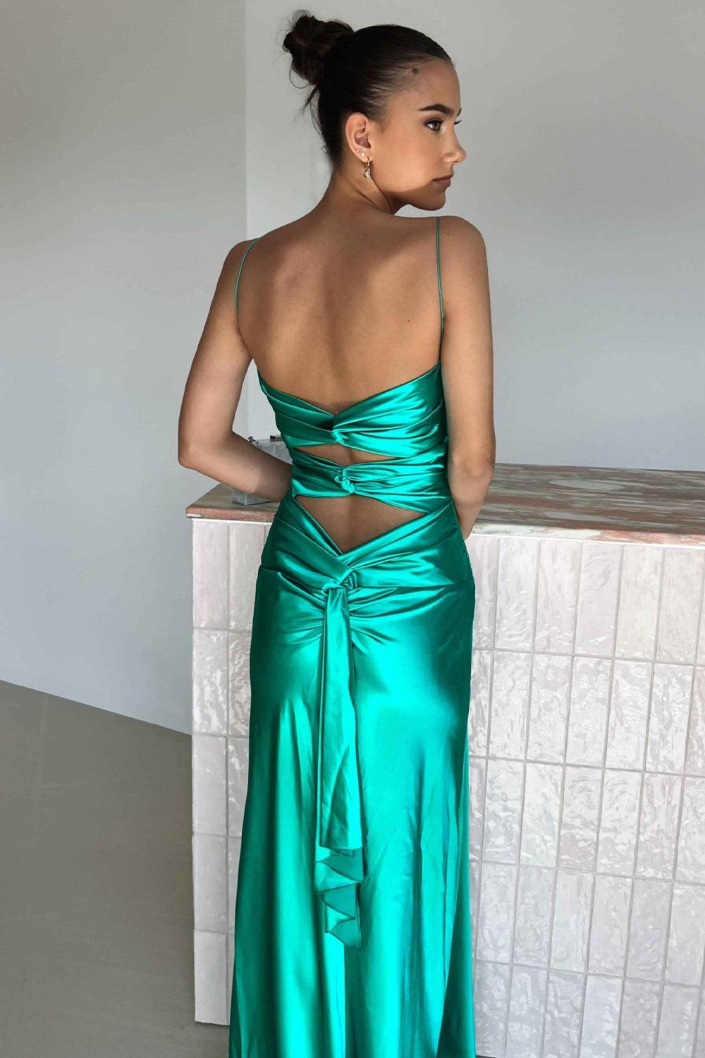 Dreamyannie Elegant Yellow V-Neck Back Satin Gown With Front Twist Formal Evening Gown