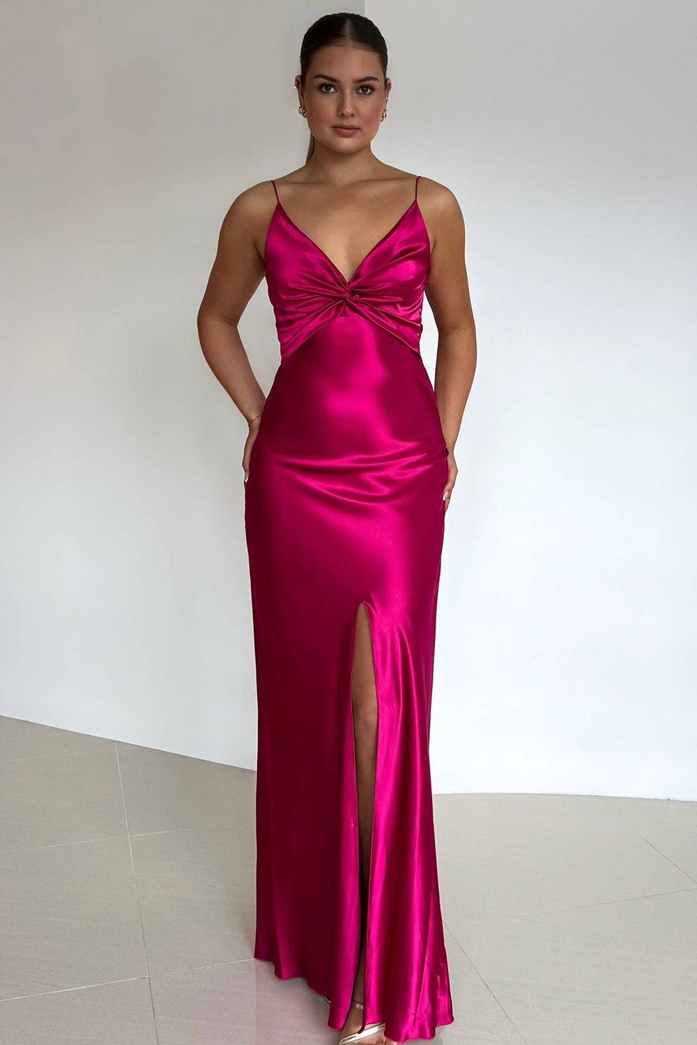 Dreamyannie Elegant Yellow V-Neck Back Satin Gown With Front Twist Formal Evening Gown