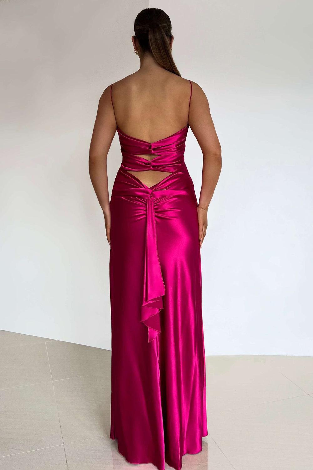Dreamyannie Elegant Yellow V-Neck Back Satin Gown With Front Twist Formal Evening Gown