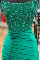 Emerald Green Prom Dress Beaded Corset Mermaid Long Evening Dress With Slit