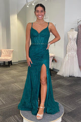 Emerald Green Prom Dress Mermaid Spaghetti Straps Long Evening Dress With Slit