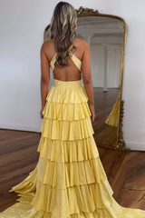 Emerald Green Prom Dress Tiered A-Line Halter Long Formal Dress With Slit