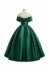Emerald Green Satin A Line Prom Dress with Off Shoulder Wrap Neckline