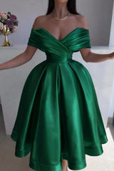 Emerald Green Satin A Line Prom Dress with Off Shoulder Wrap Neckline