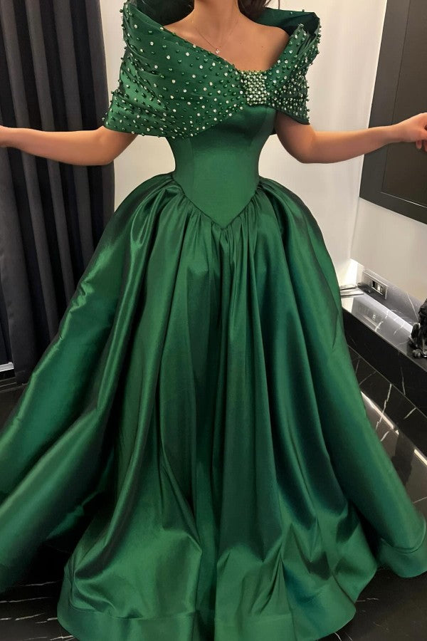 Emerald Green Satin Ball Gown Prom Dress with Beaded Off Shoulder Wrap