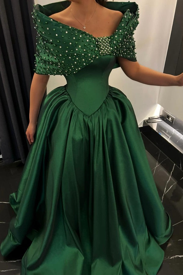 Emerald Green Satin Ball Gown Prom Dress with Beaded Off Shoulder Wrap