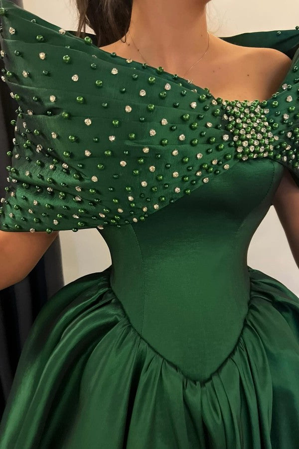 Emerald Green Satin Ball Gown Prom Dress with Beaded Off Shoulder Wrap