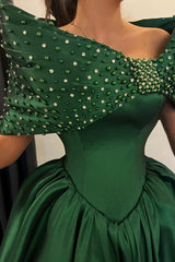 Emerald Green Satin Ball Gown Prom Dress with Beaded Off Shoulder Wrap