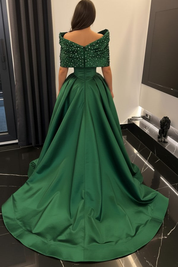 Emerald Green Satin Ball Gown Prom Dress with Beaded Off Shoulder Wrap