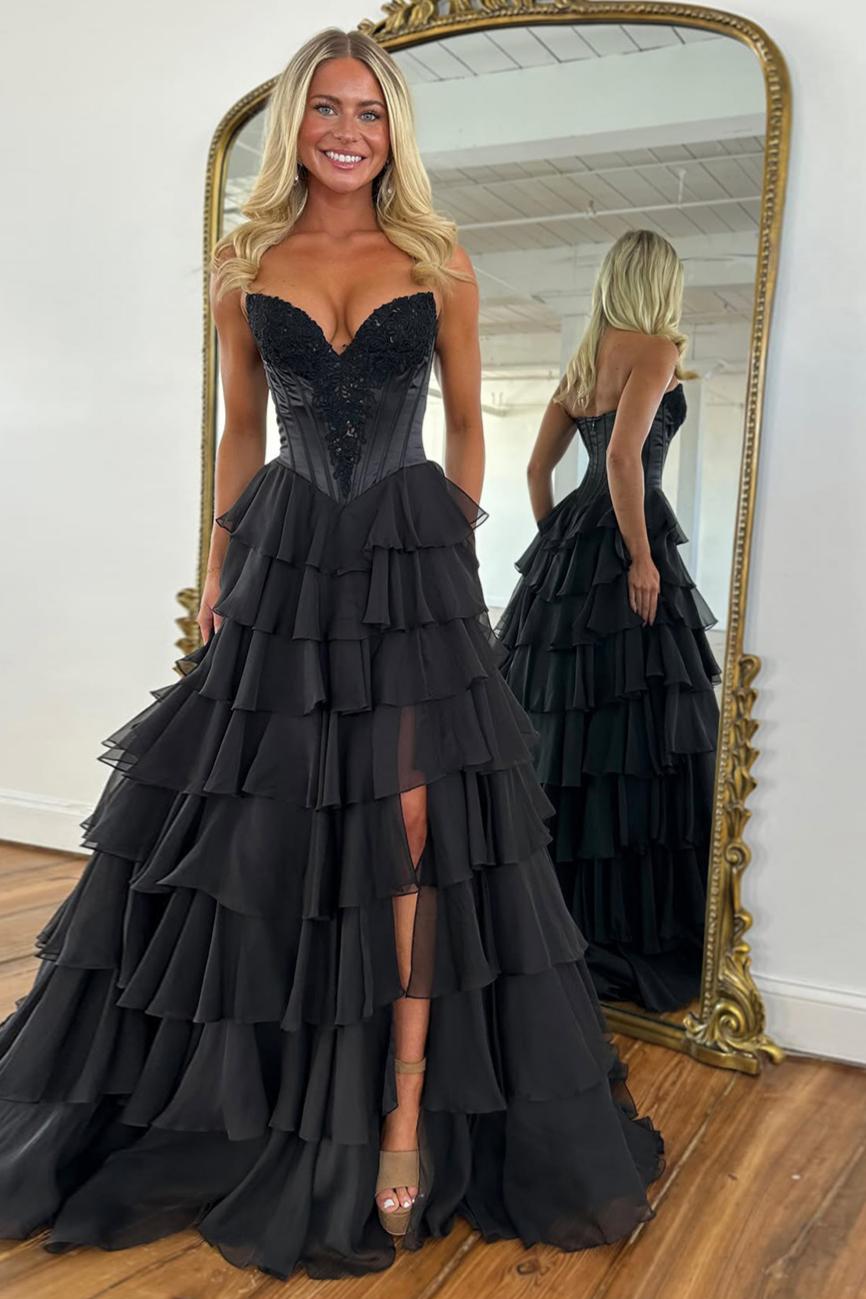 Emerald Green Sweetheart Corset Prom Dress With Tiered Ruffles And High Slit Formal Evening Gown