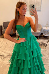 Emerald Green Sweetheart Corset Prom Dress With Tiered Ruffles And High Slit Formal Evening Gown