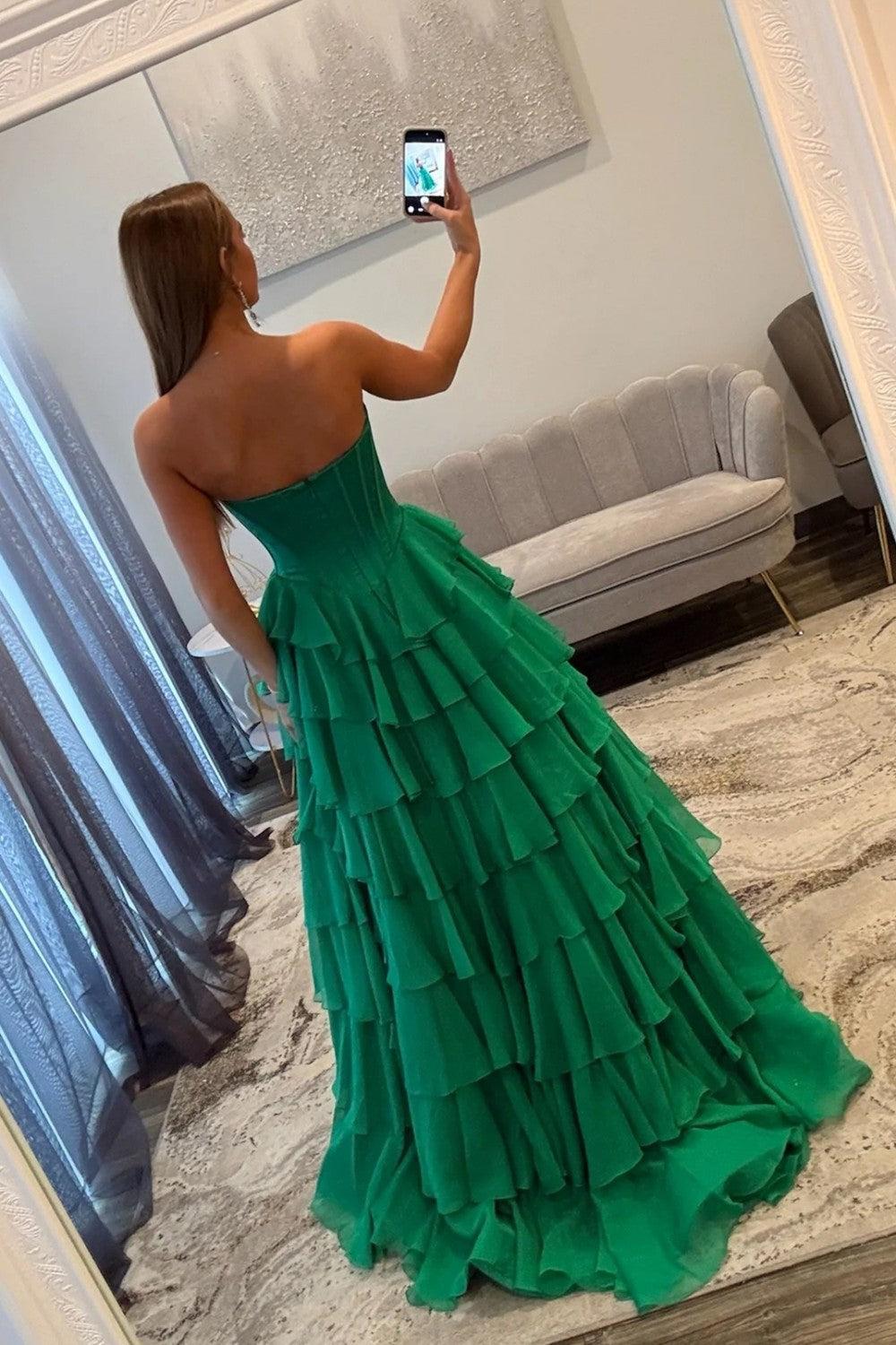 Emerald Green Sweetheart Corset Prom Dress With Tiered Ruffles And High Slit Formal Evening Gown