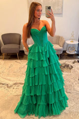 Emerald Green Sweetheart Corset Prom Dress With Tiered Ruffles And High Slit Formal Evening Gown