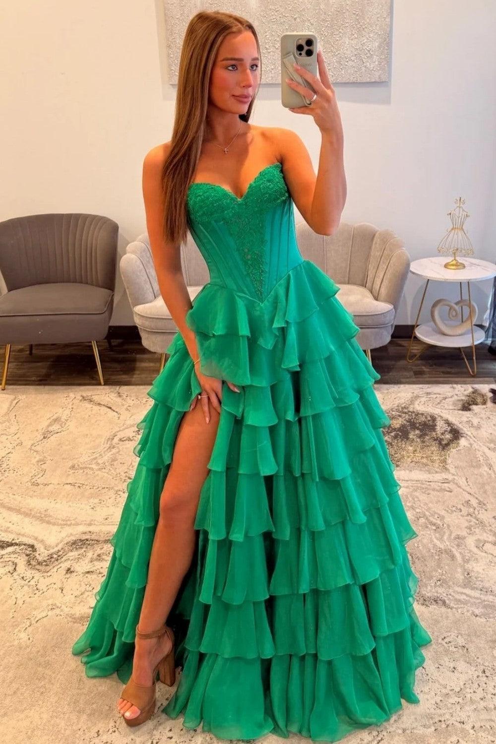 Emerald Green Sweetheart Corset Prom Dress With Tiered Ruffles And High Slit Formal Evening Gown