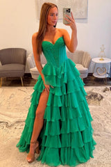 Emerald Green Sweetheart Corset Prom Dress With Tiered Ruffles And High Slit Formal Evening Gown
