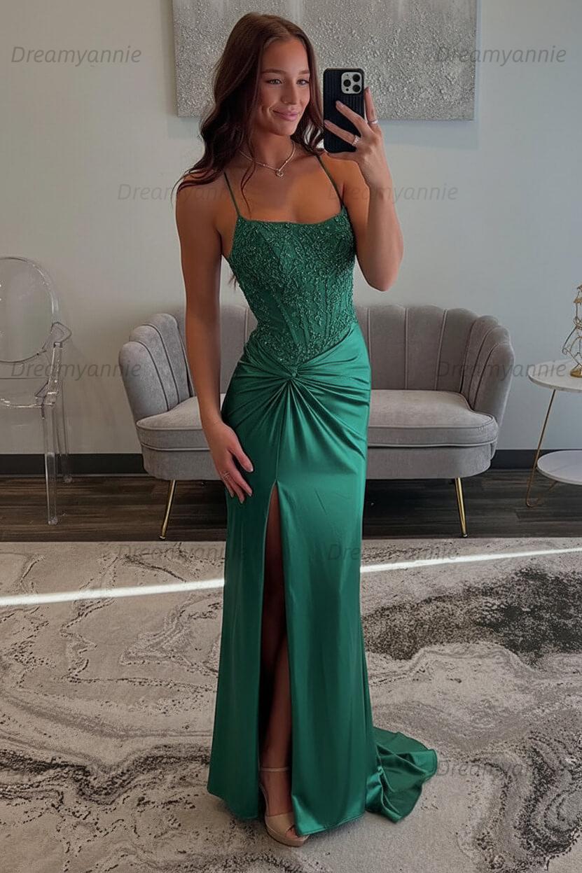 Dreamyannie Red Prom Dress Spaghetti Straps Ruhed Long Lace Formal Dress With Appliques