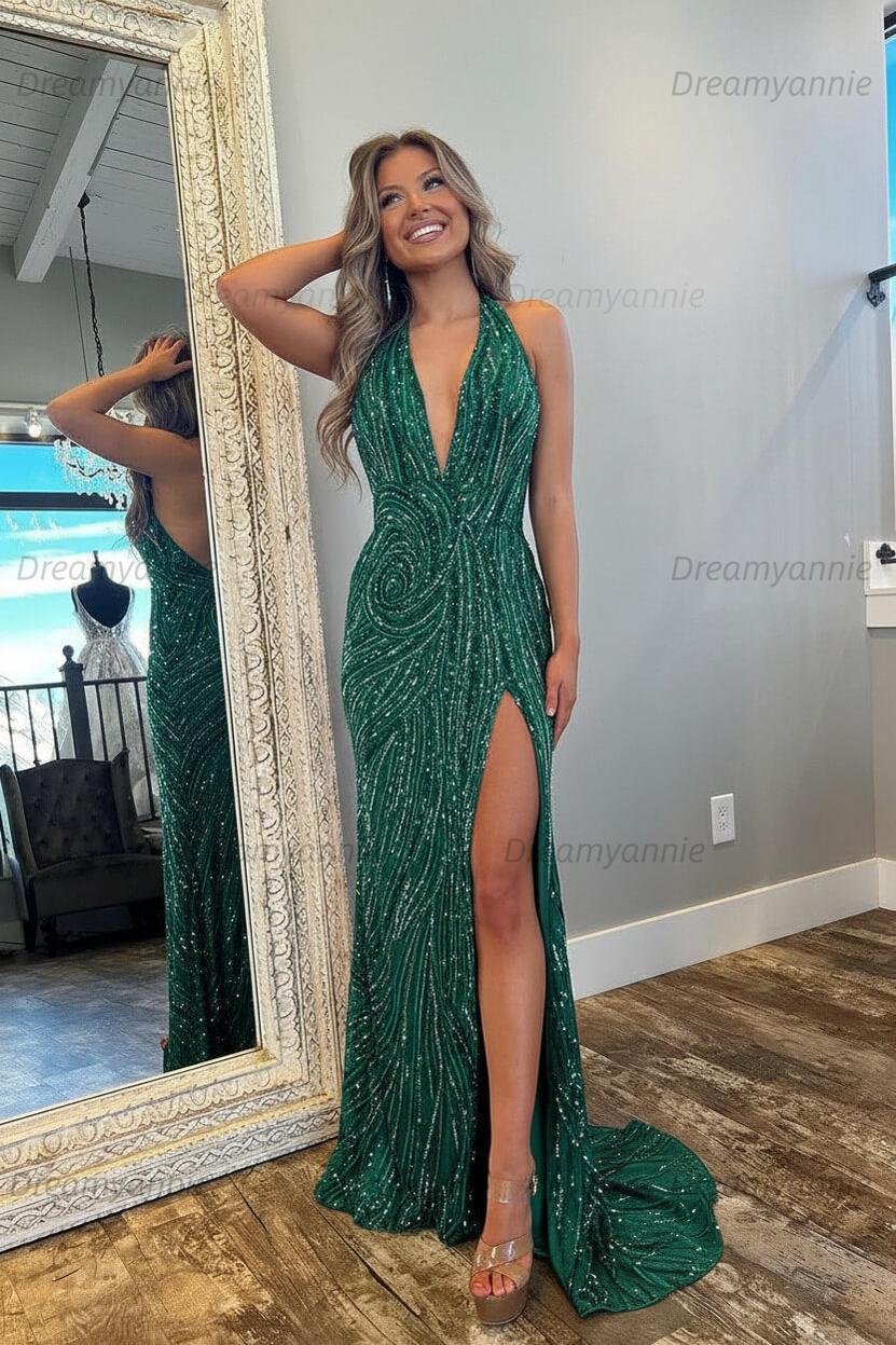 Halter Prom Dress Pink and Orange Mermaid Evening Dress with Slit