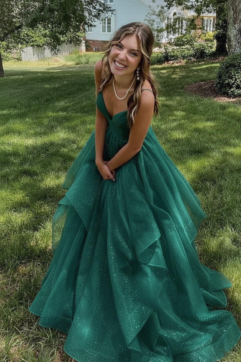 Pink Prom Dress V Neck Tulle Long Formal Evening Dress