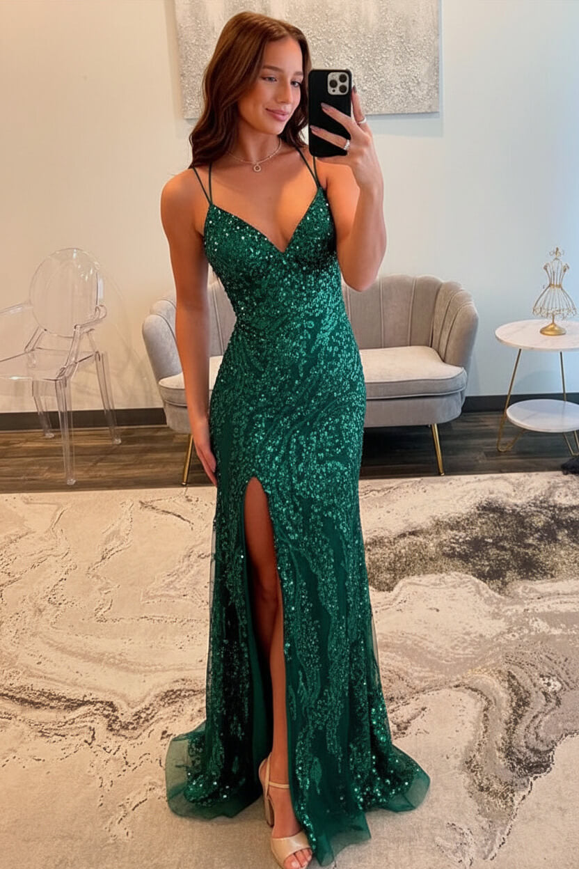 Silver Sequin Spaghetti Strap Mermaid Slit Prom Dress With Crisscross Lace-Up Back Formal Evening Gown