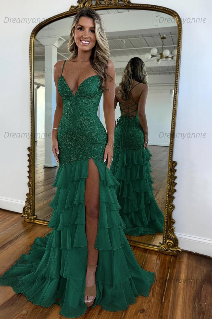 Charming Mermaid Spaghetti Straps Lace Up Long Prom Dress With Ruffle Skirt Formal Evening Gown