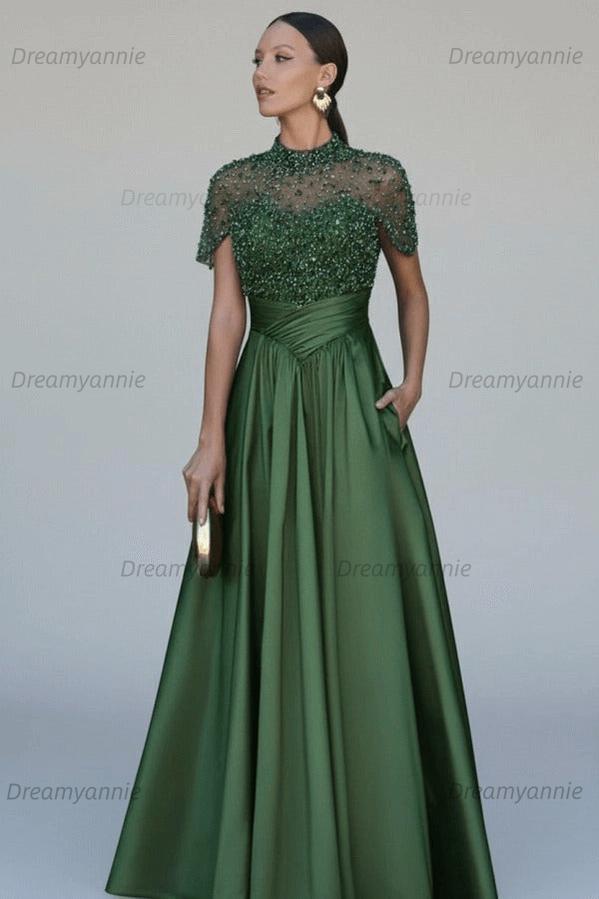Green A Line Prom Dress Short Sleeve High Neck Beaded Evening Dress
