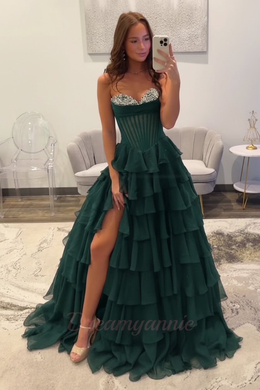 Dreamyannie Ruffled Black Prom Dress A Line Corset Long Formal Dress With Beadings