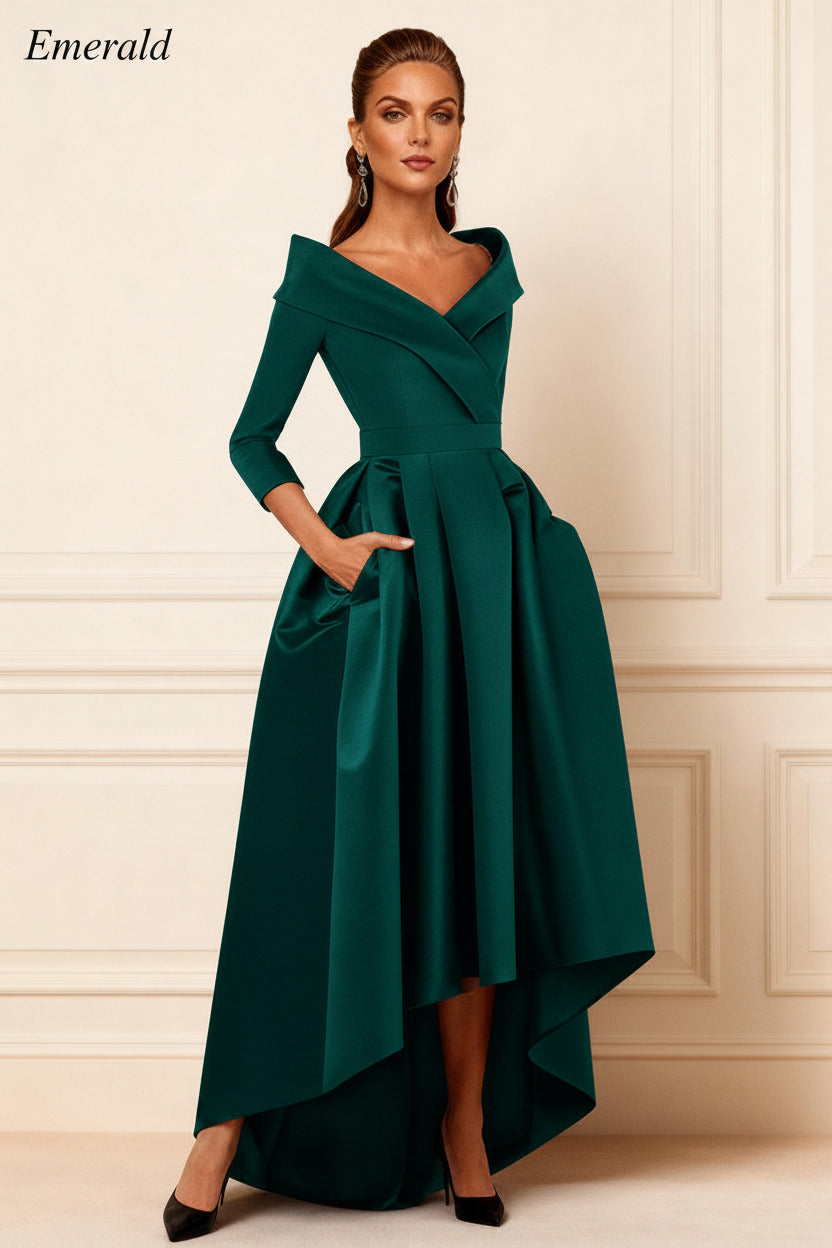Dreamyannie Dark Navy V Neck Satin High Low Mother Of The Bride Dress With Pockets