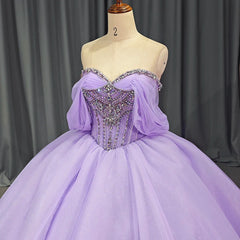 Exquisite Purple Quinceanera Dress Ball Gown Beaded Scoop Lace Up Short Sleeves Formal Sweet 16 Party Dress