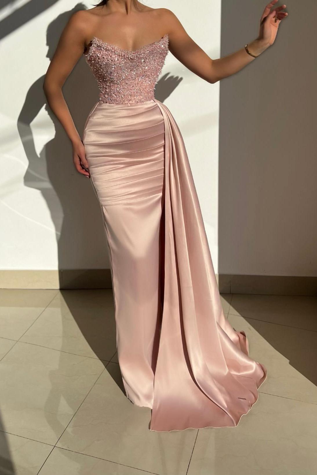 Fabulous Pink Strapless Sequined Satin Prom Dress With Ruffles