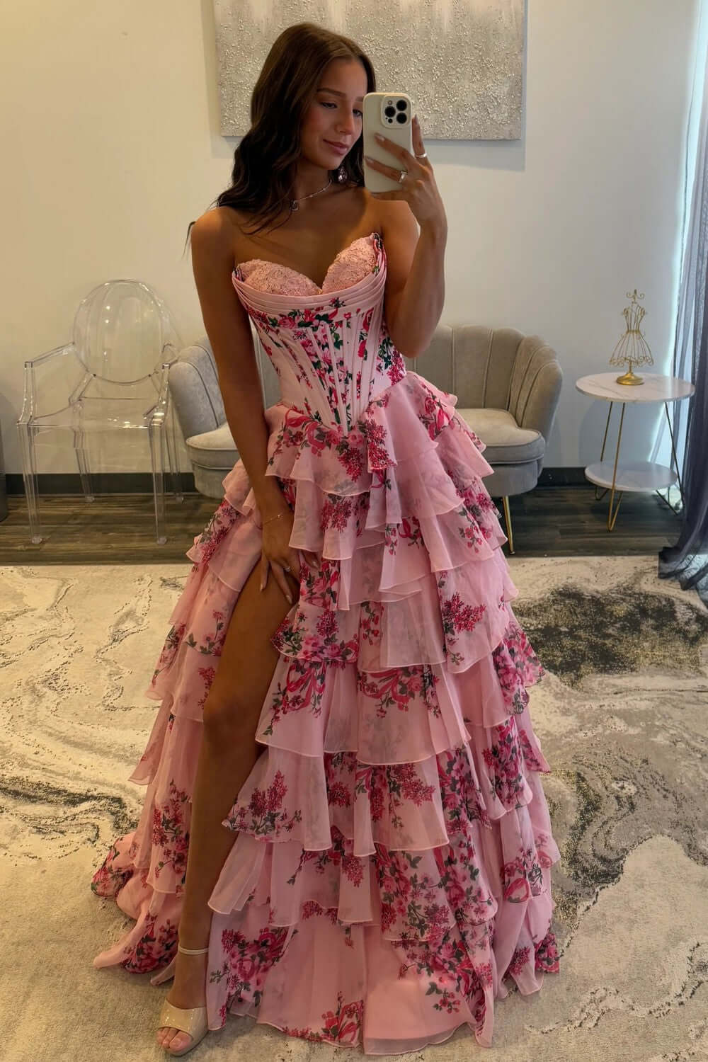 A Line Prom Dress Blush Sweetheart Corset Floral Tiered Long Evening Dress