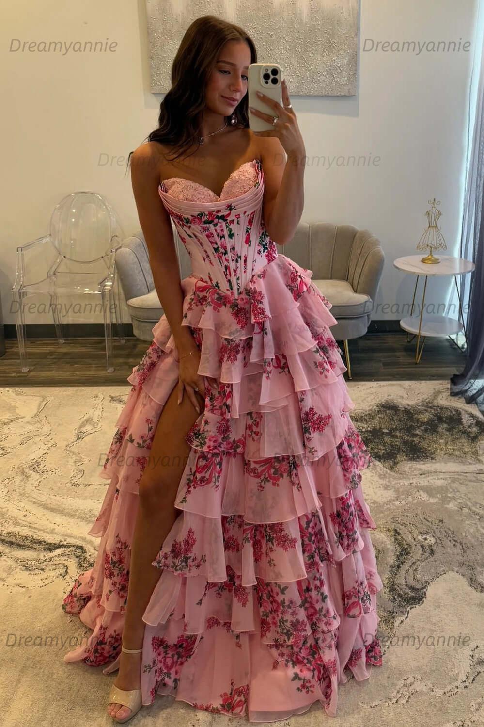 A Line Prom Dress Blush Sweetheart Corset Floral Tiered Long Evening D Dreamyannie UK A Line Prom Dress Blush Sweetheart Corset Floral Tiered Long Evening D Dreamyannie UK