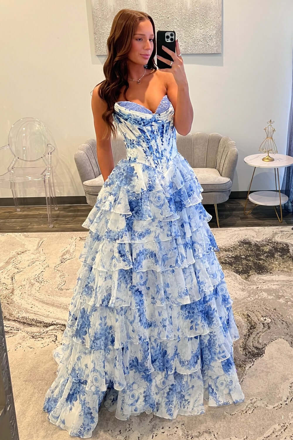 A Line Prom Dress Blush Sweetheart Corset Floral Tiered Long Evening Dress