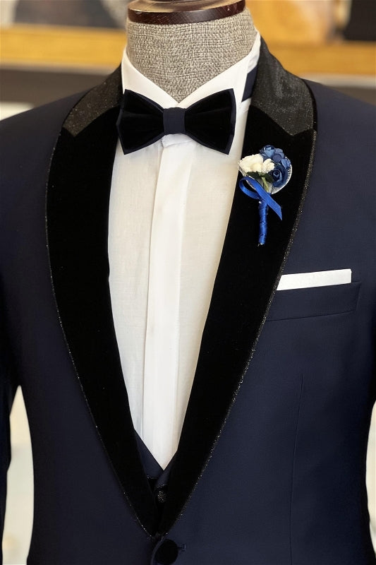Fancy Navy Blue Peaked Lapel 2 Piece Men's Prom Suit